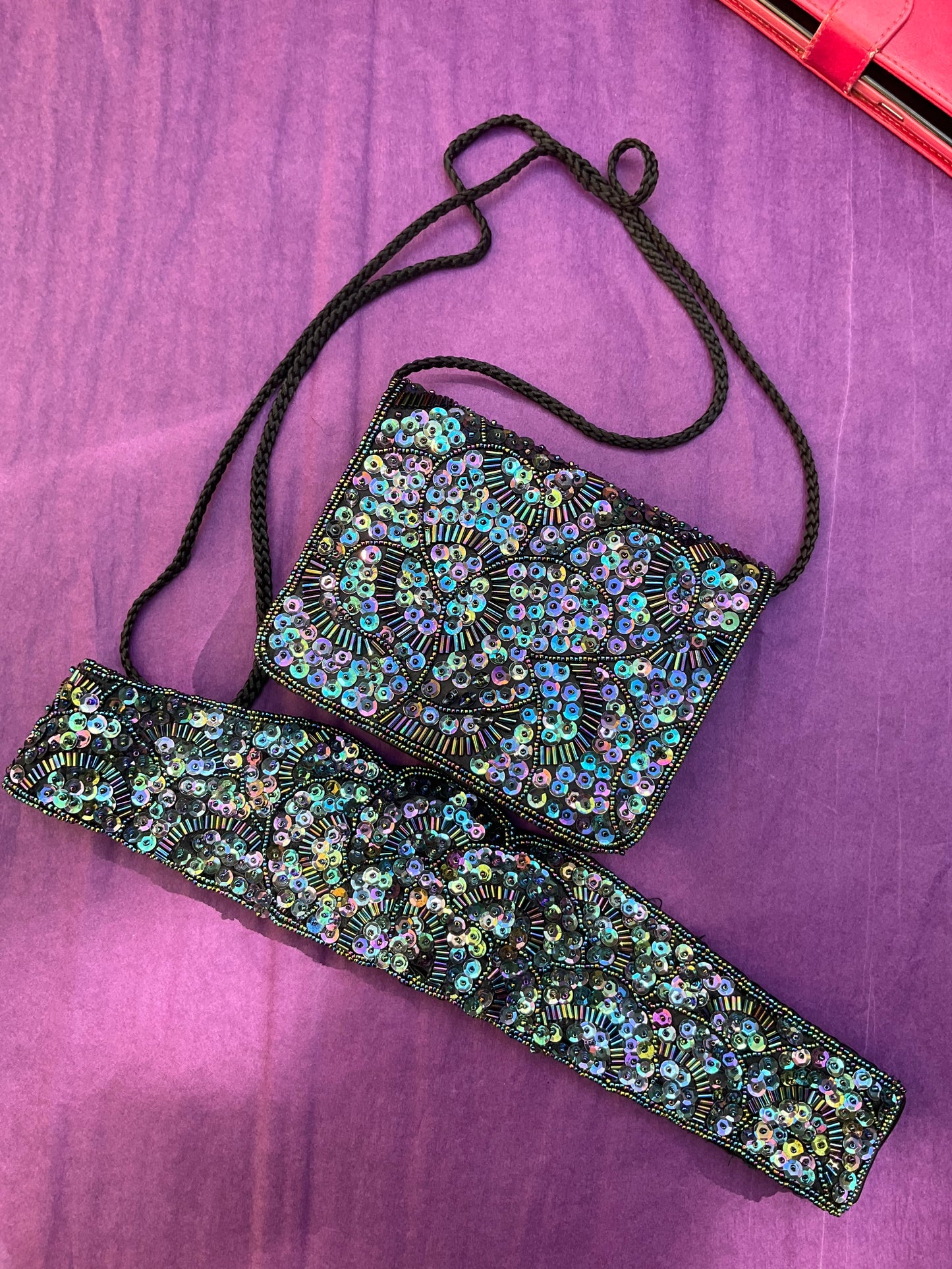 Vintage 1980s Peacock Borealis Sequin Evening Bag and Belt Set