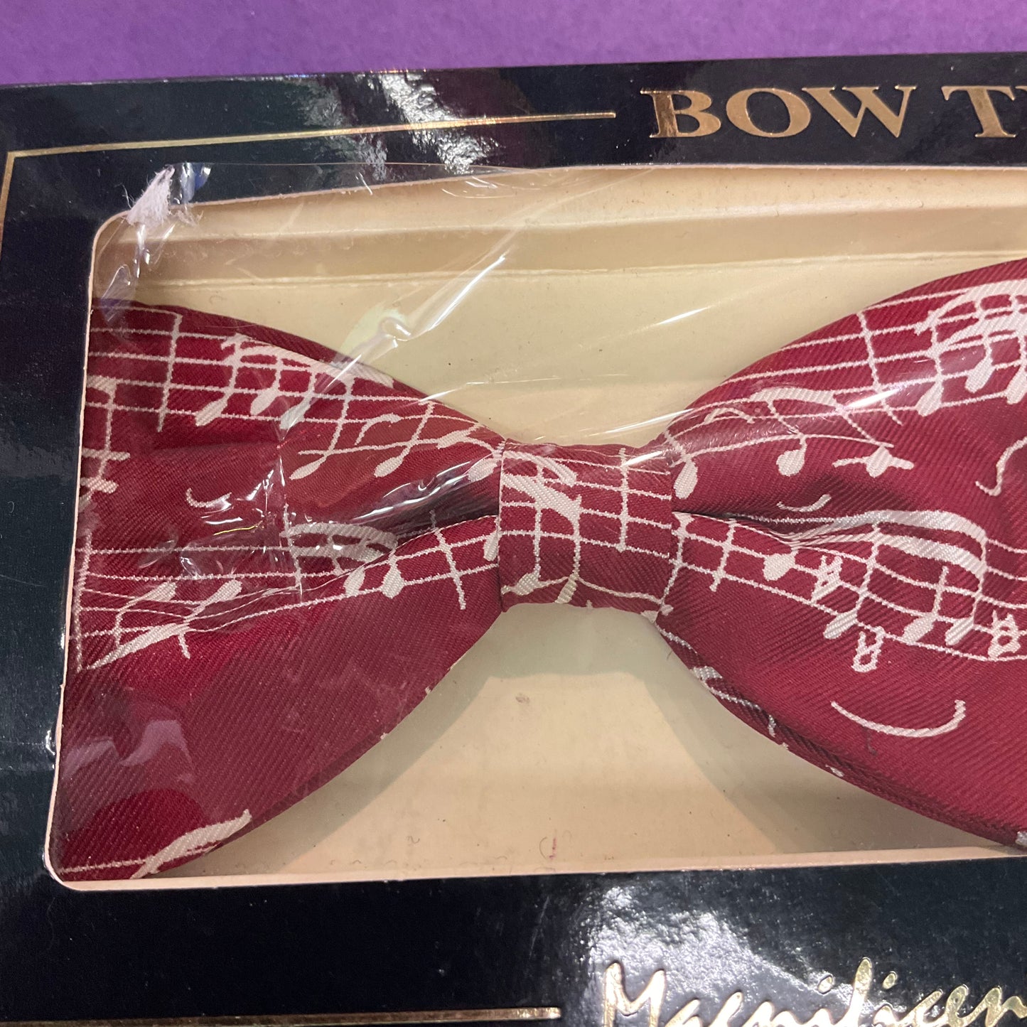 Vintage silk red/cream Musical Bow tie by MAGNIFICENT MOUCHIORS, ready tied, gift for him
