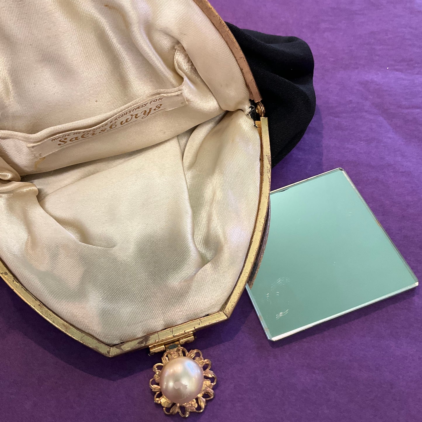 Antique Art Deco French Black Crepe pearl clasp evening bag- by SAILSBURYS