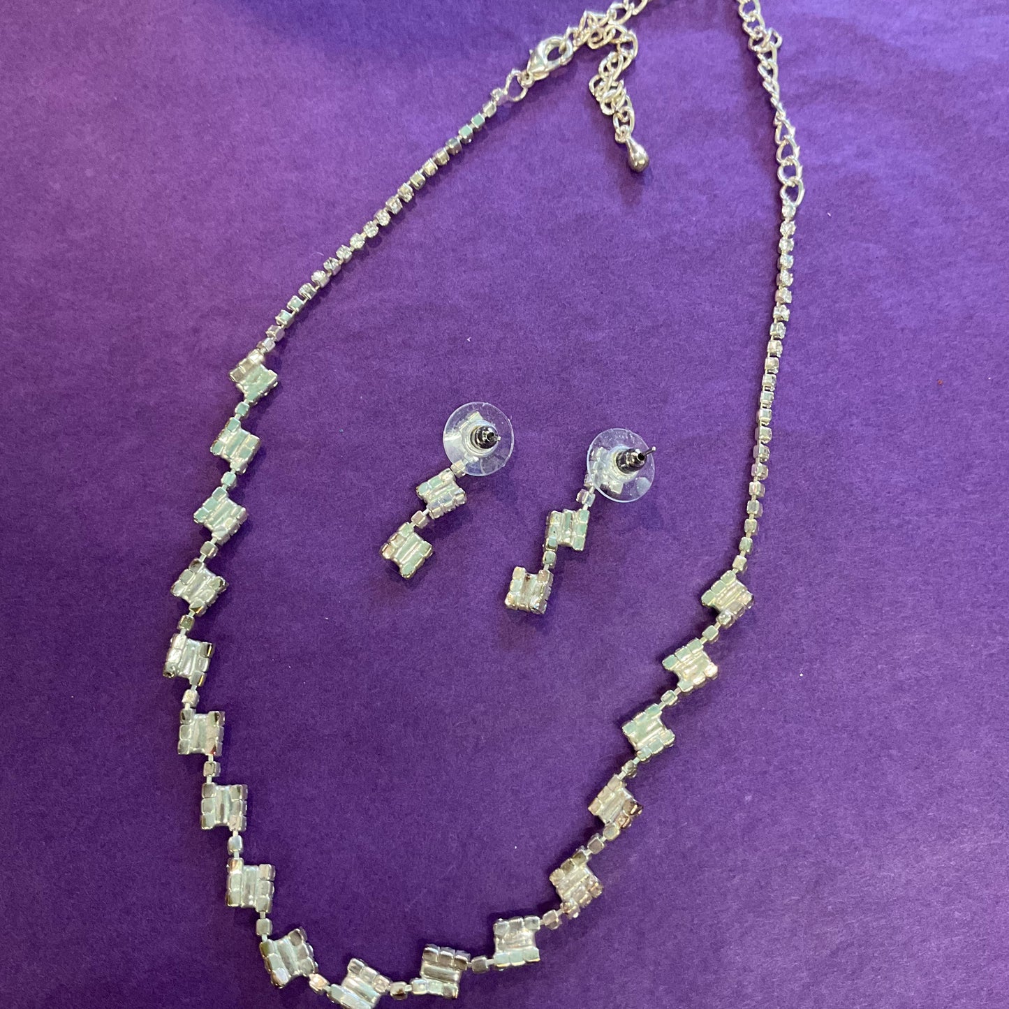 Vintage unused simply silver Art Deco style diamante necklace and bracelet set, prom, gift for her.