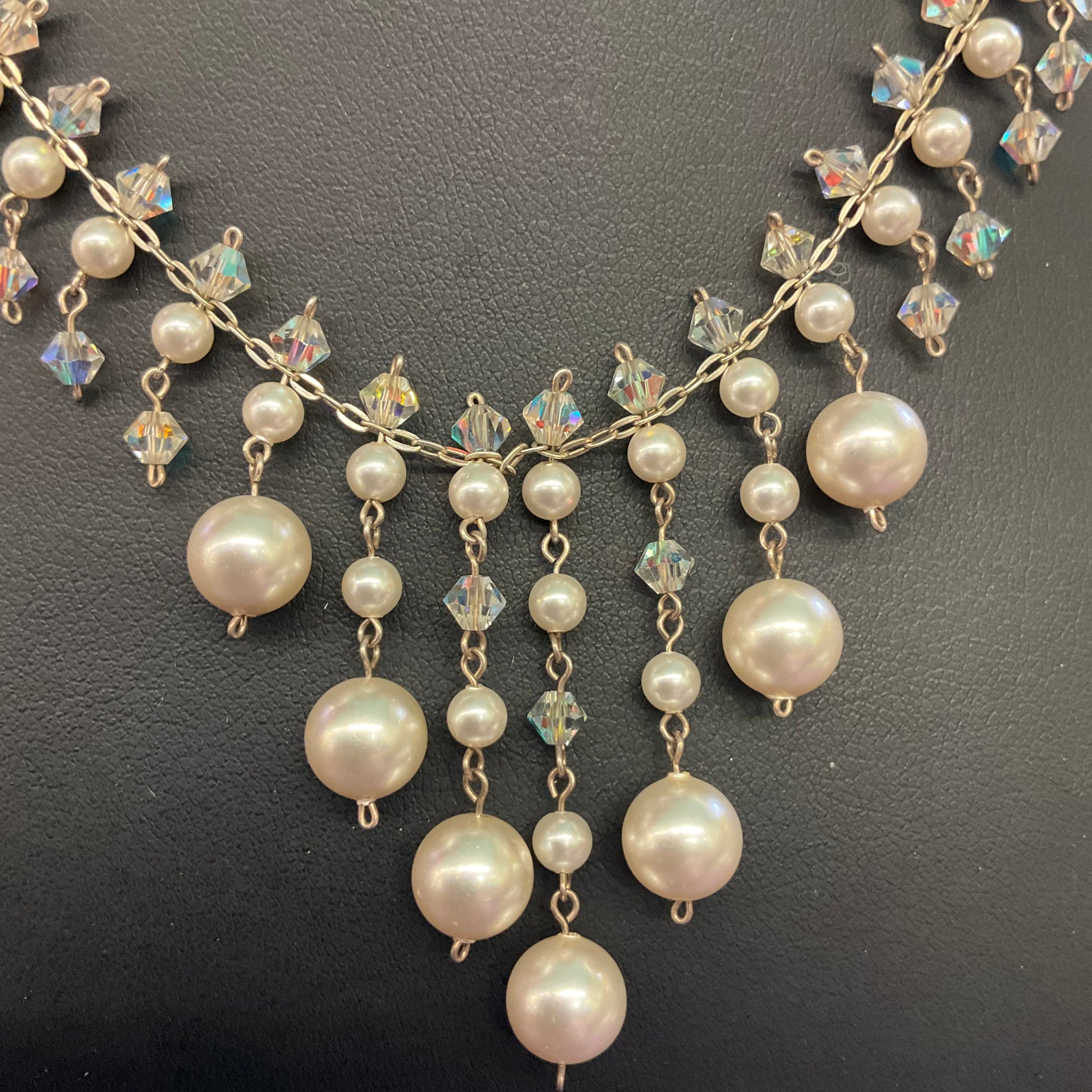 Vintage Borealis Crystal and Faux pearl waterfall necklace, bride, wedding, prom, Gift for