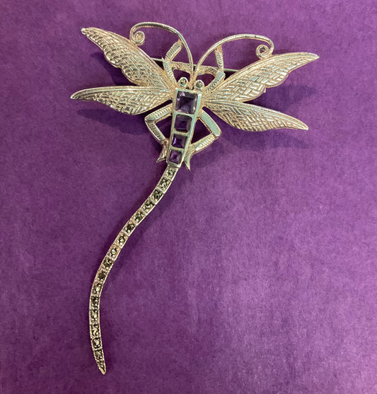 Vintage Art Nouveau Extra Large Silver, Amethyst and Marcasite Dragonfly Brooch