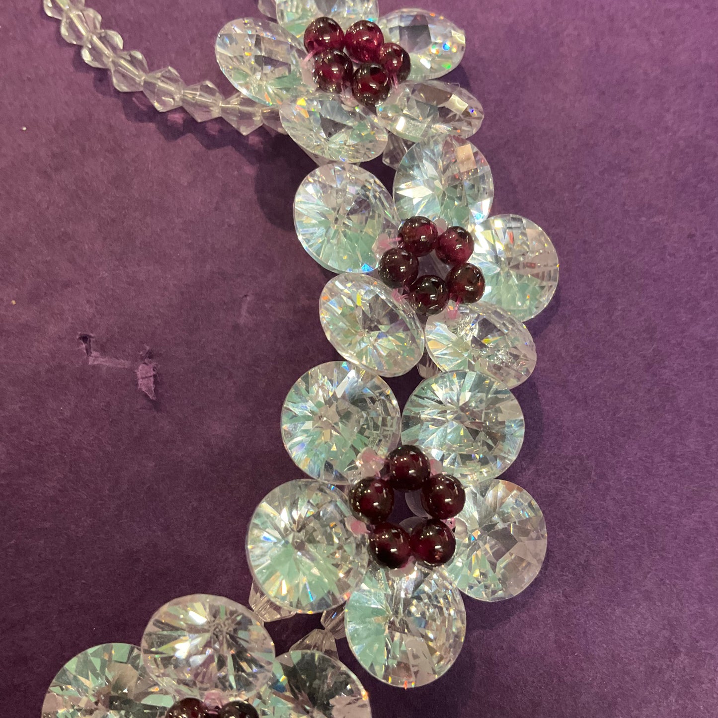 Vintage Butler and Wilson faceted crystal flower garland necklace, signed in original box, Christmas gift.