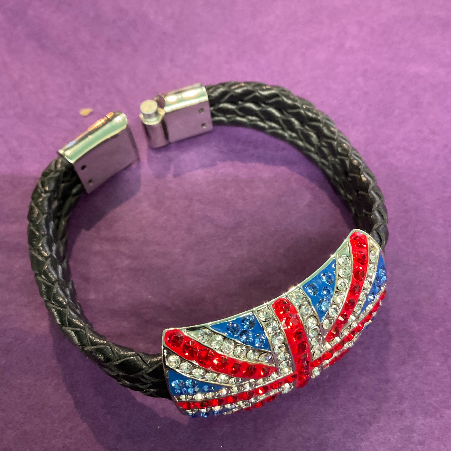 Vintage Butler and Wilson Rhinestome Crystal Union Jack Leather Cord Braided Bracelet, Signed in original box, gifts for them