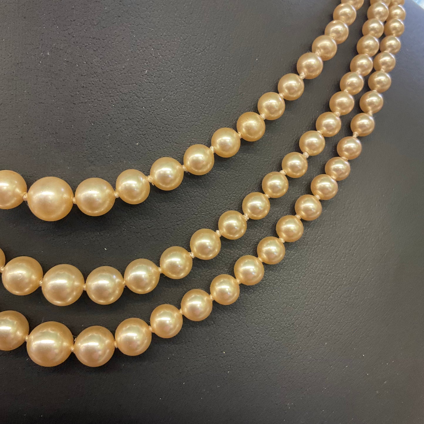 Vintage 1950/60s Triple strand faux pearl necklace by LOTUS, with silver (stamped) clasp, Rarely used in original box
