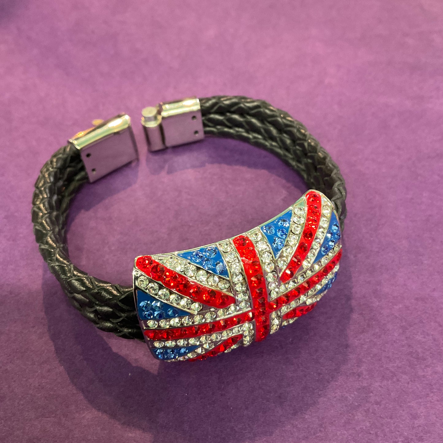 Vintage Butler and Wilson Rhinestome Crystal Union Jack Leather Cord Braided Bracelet, Signed in original box, gifts for them