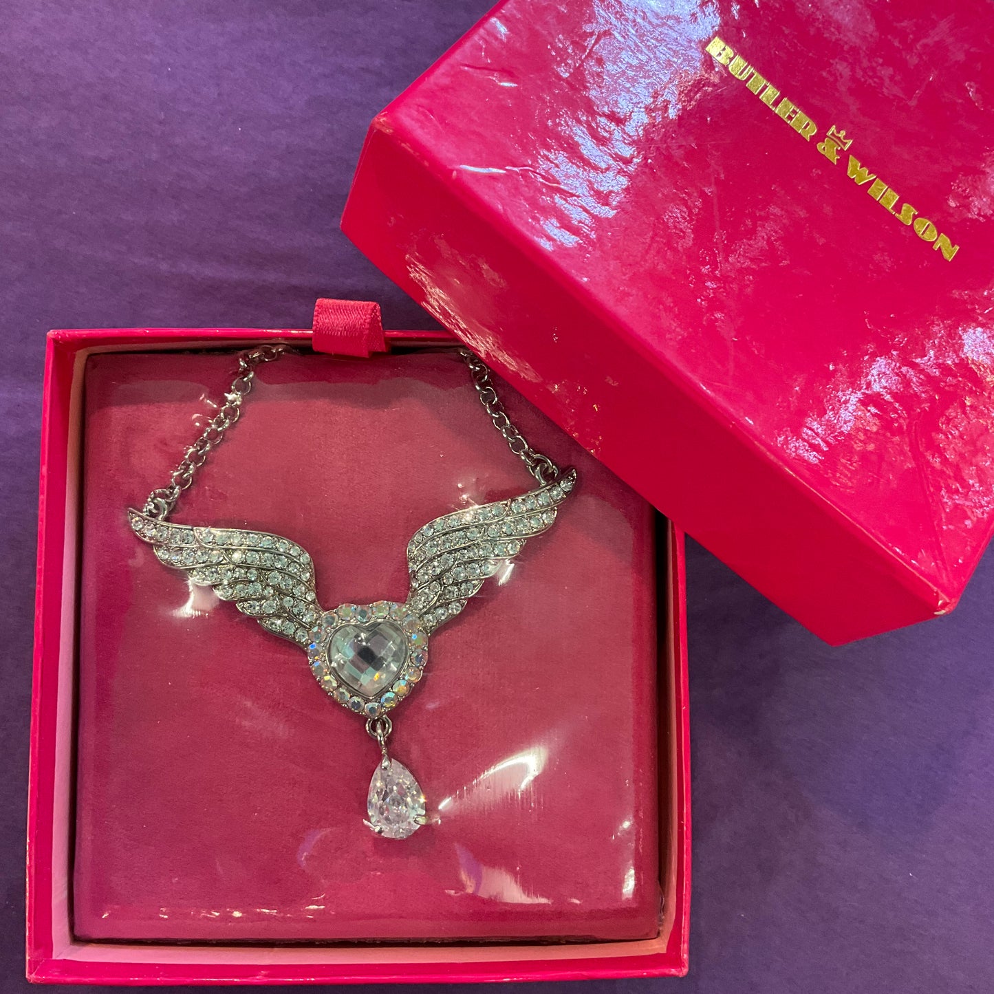 Vintage Butler and Wilson, Angel wing Rhinestone and Crystal large pendant, unused in original packaging, wedding, gift
