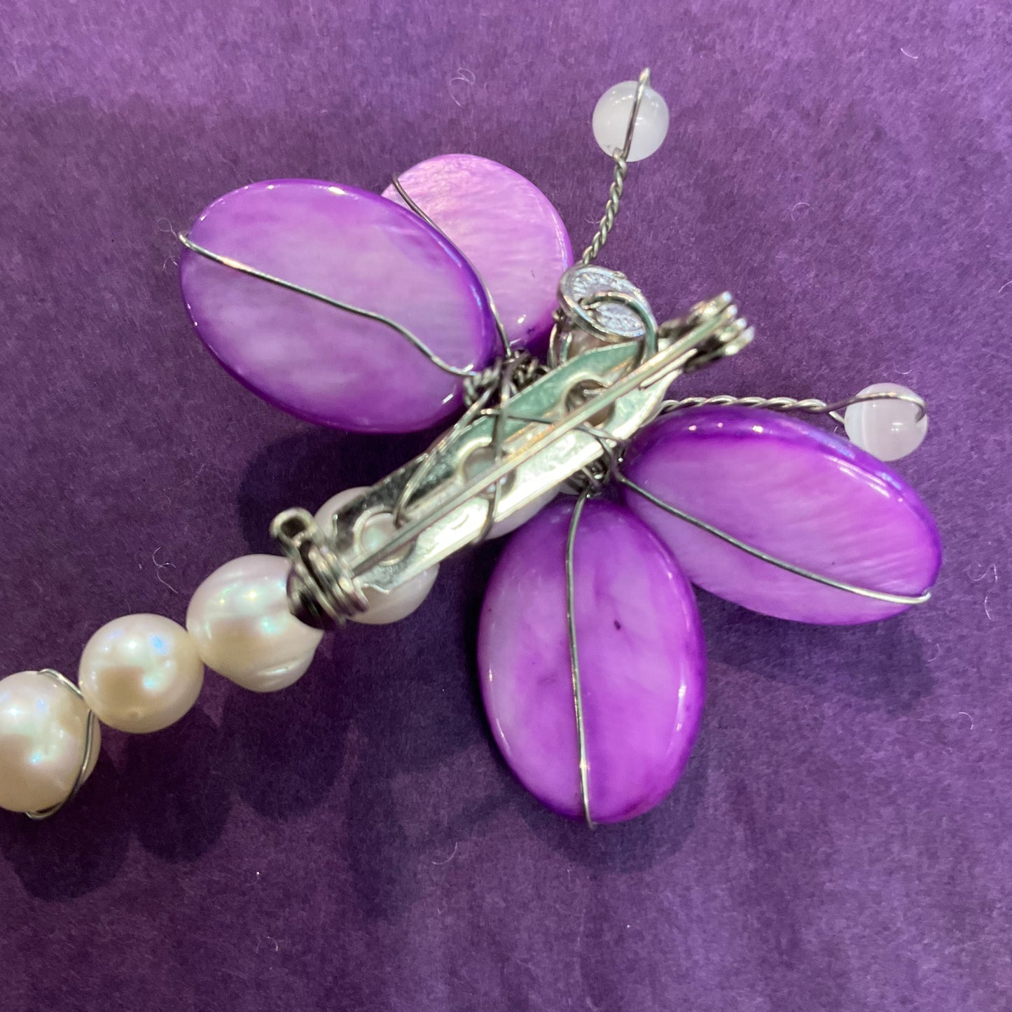 Vintage Butler and Wilson fresh water Pearl and purple polished gemstone butterfly pin/brooch. Signed, as new, gift for her, festival, wedding.