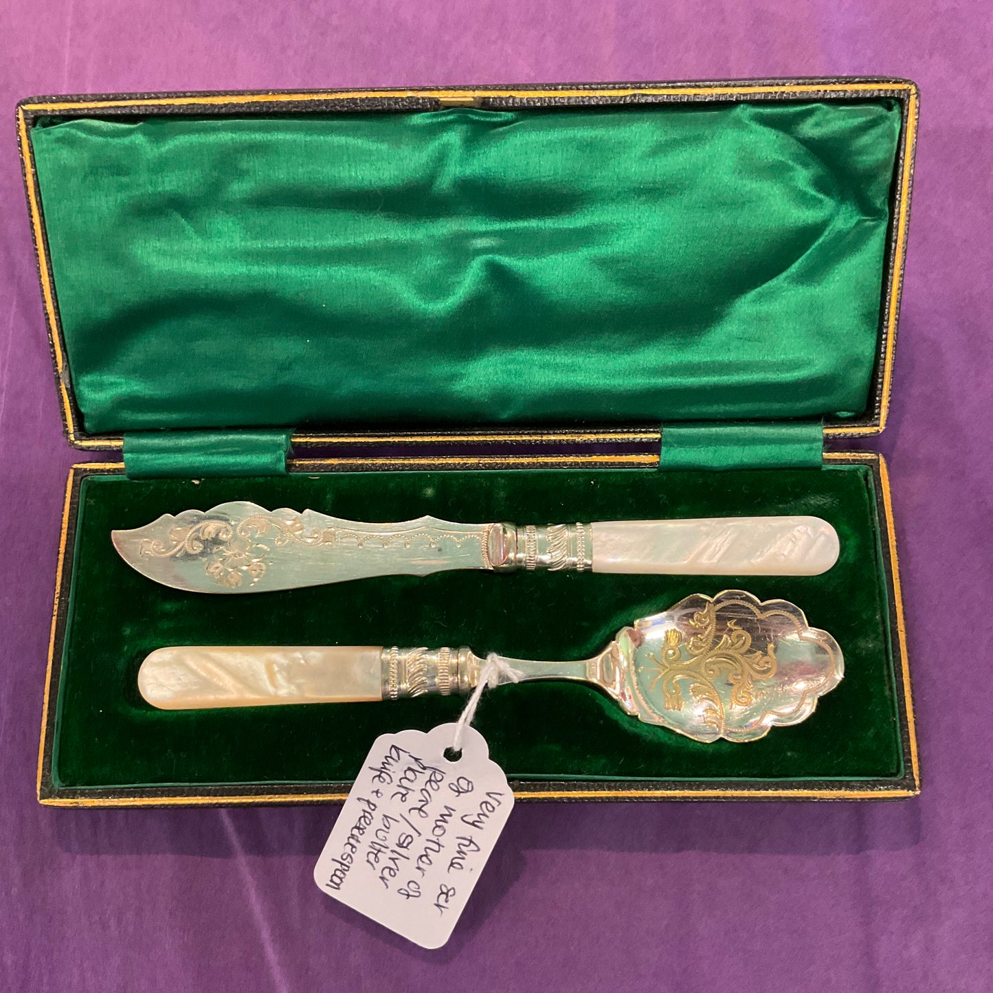 Vintage Silver plated Engraved Breakfast Set With Mother Of Pearl Handles.