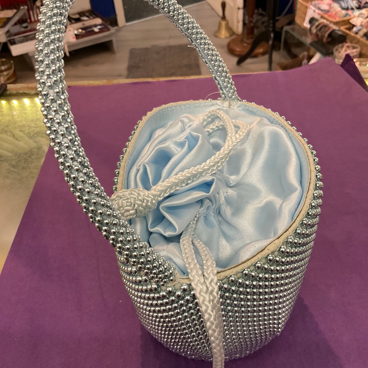 Vintage pale blue metallic beaded satin evening bag, Artistic pearl by IberBolos, bucket back style with drawstring fastening. Unused with tags.