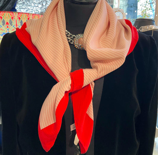 Vintage large liberty of London silk crepe scarf, made in Italy. Pale pink and coral red striped.