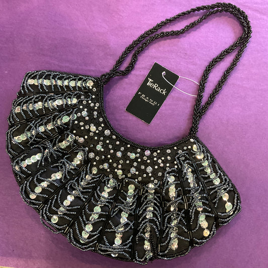 Vintage unused Black and silver art deco style Beaded evening bag by FRANGI for tie rack, prom, formal event, gift for her.