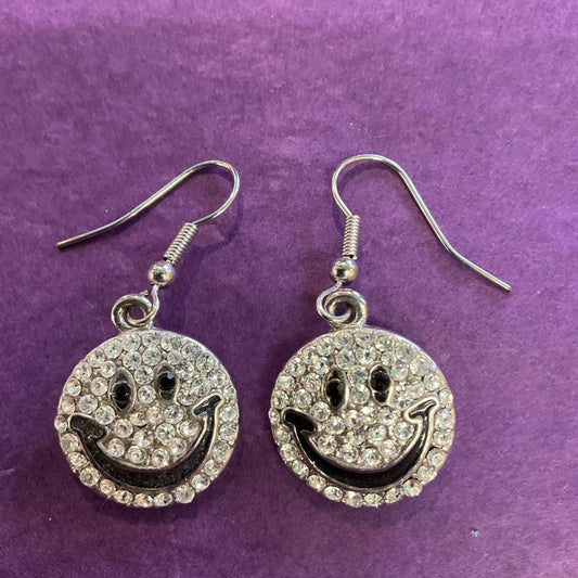 Vintage Butler and Wilson Smiley Face Silver Rhinestone drop earrings, signed