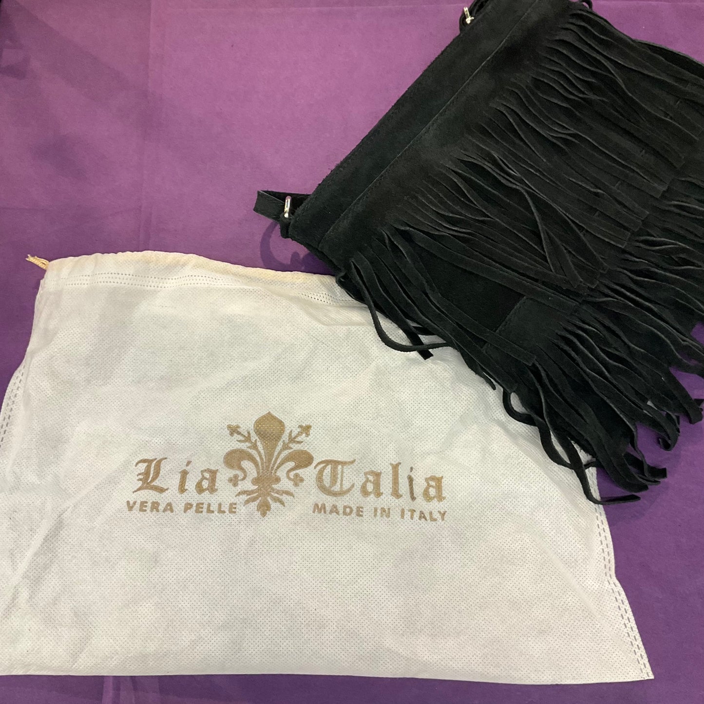 Vintage Italian Black Genuine Suede, Fringed Shoulder Bag, Lia Calia Vera Pelle, Shoulder or Cross Body, Festival, Birthday