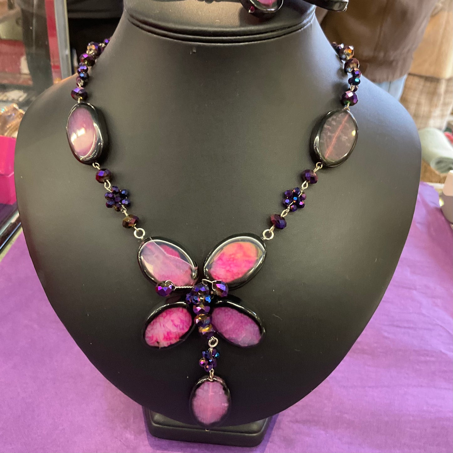 Vintage Butler and Wilson polished gemstone and crystal purple and pink floral/butterfly necklace and bracelet set