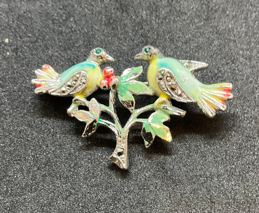 Vintage 1940s Marcasite and Enamel Lovebirds Brooch