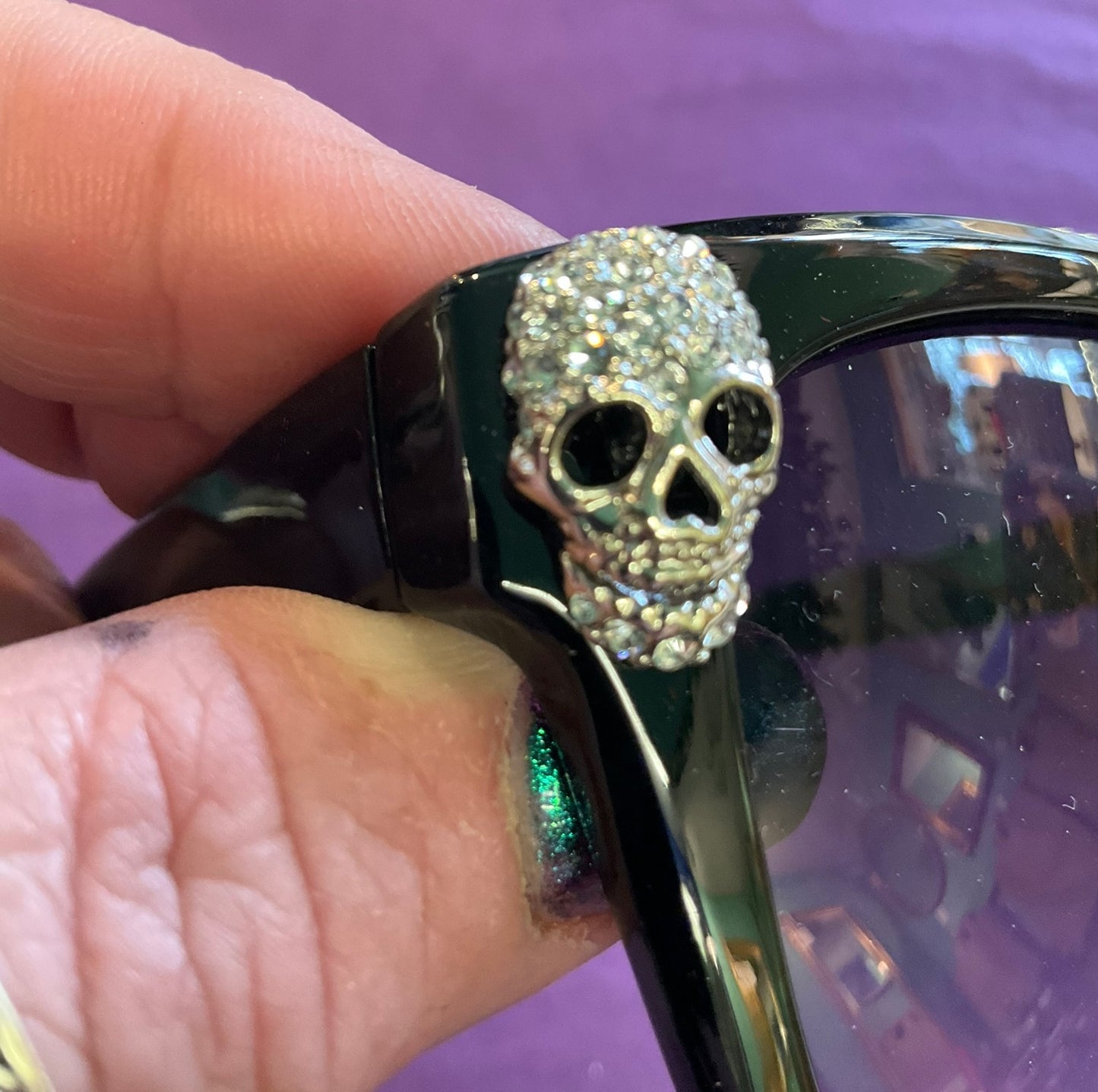 Vintage Butler and Wilson Silver Crystal Skull Oversized Black Sunglasses , Oh Sweet Sunglasses, signed in original box, birthday