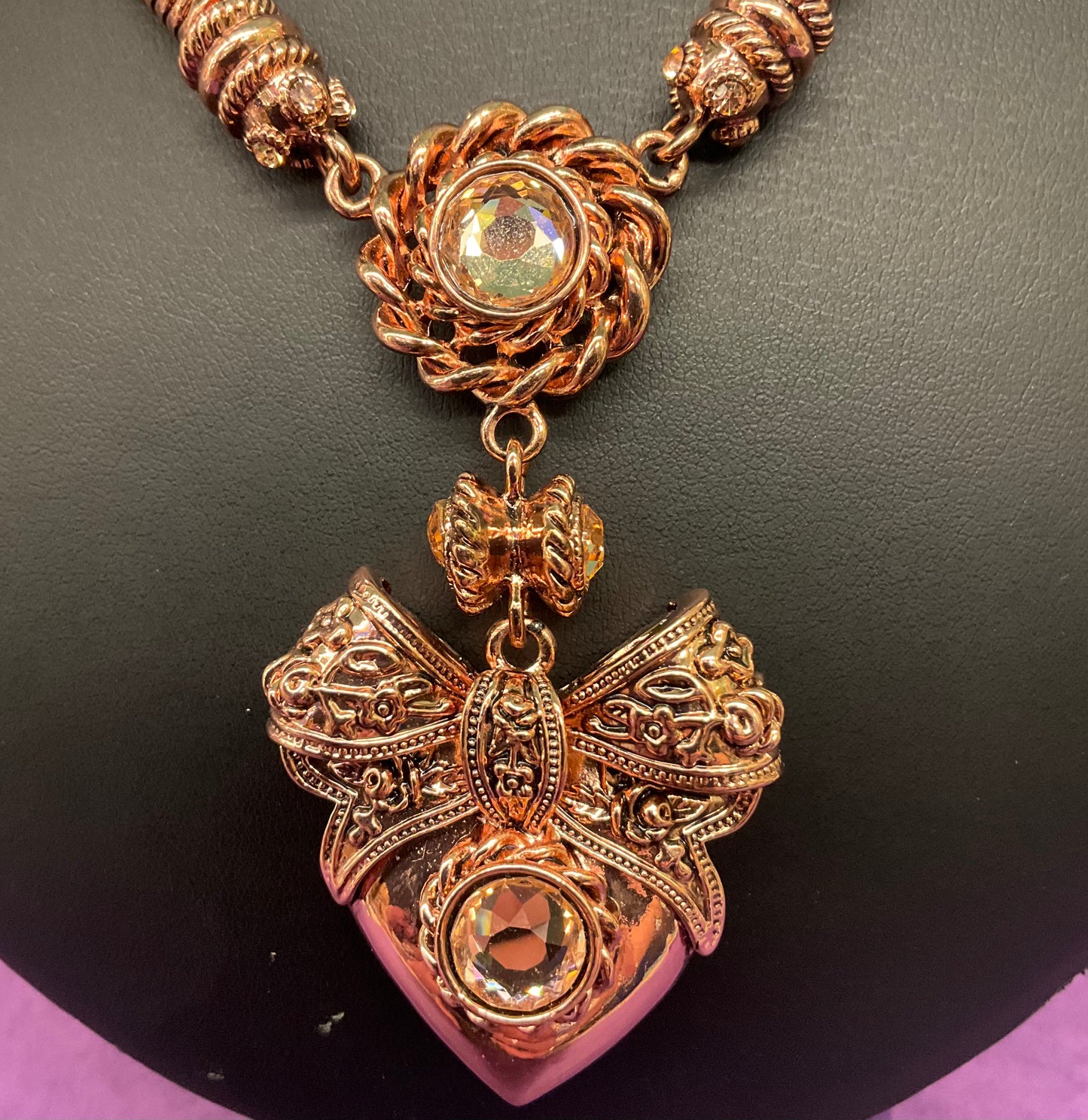 Vintage Butler and Wilson Large Barouque Rose Gold Bow and Heart Pendant Necklace, Signed in original Box, Wedding, Gifts for her