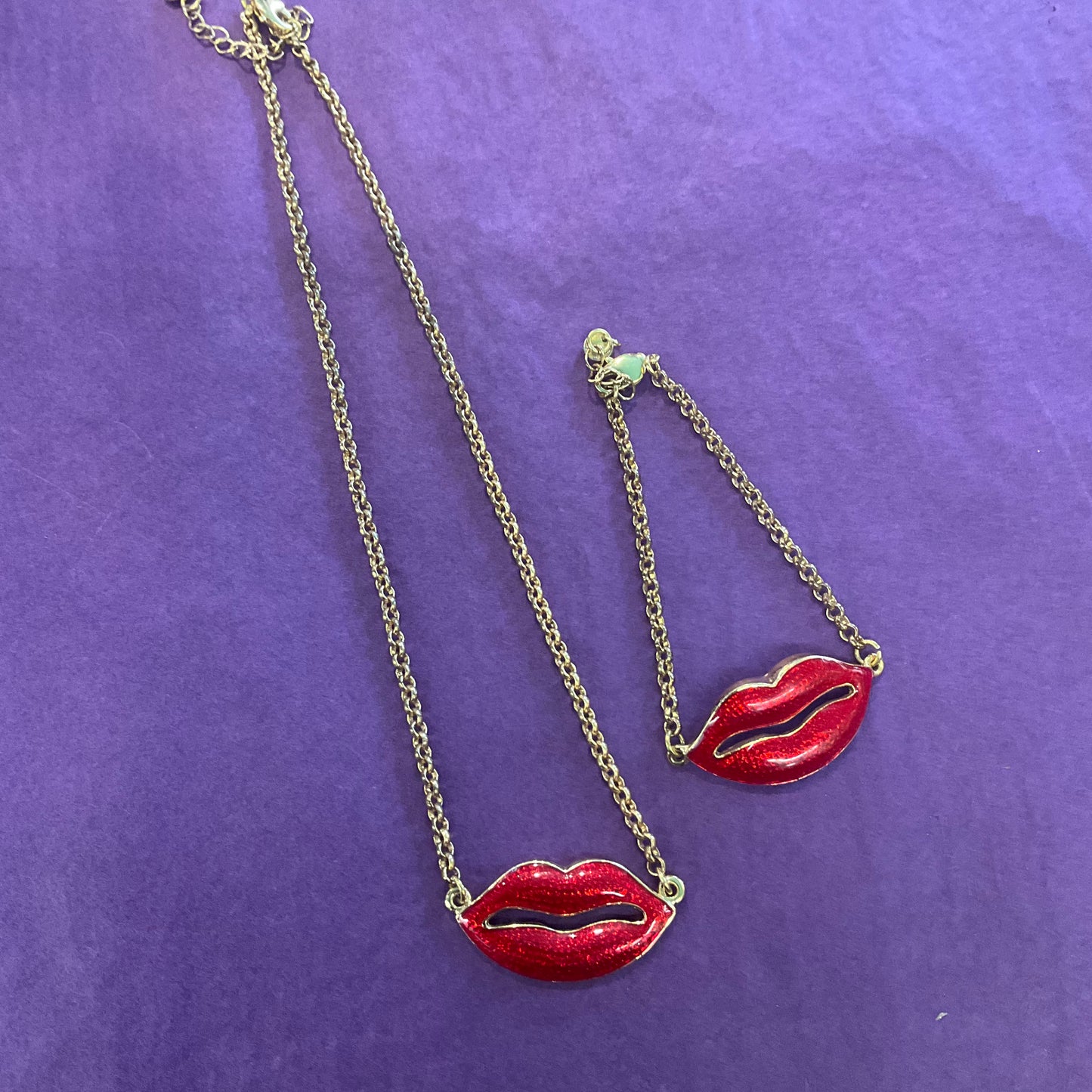 Vintage Butler and Wilson Red Lips Crystal Enamel Necklace and Bracelet Set, signed , as new , gifts for them , birthday, festival