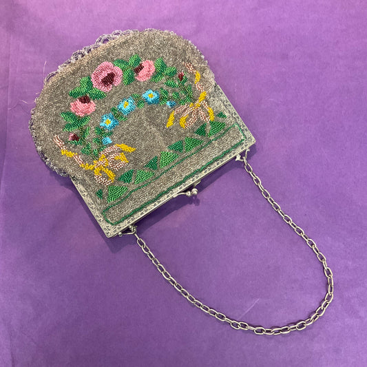 Antique 1920s/30s Art Deco Floral Micro Beaded Evening Bag, Fringed Hem, Wedding, Formal Event, Ladies Day