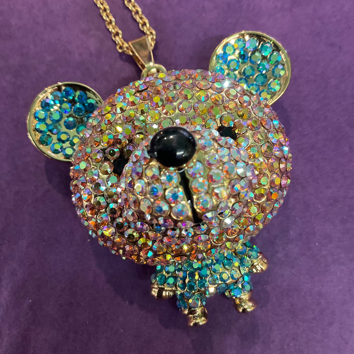 Vintage Butler and Wilson Quirky Rainbow Borealis Crystal Teddy Bear long Pendant, Signed in original box, Birthday Gift