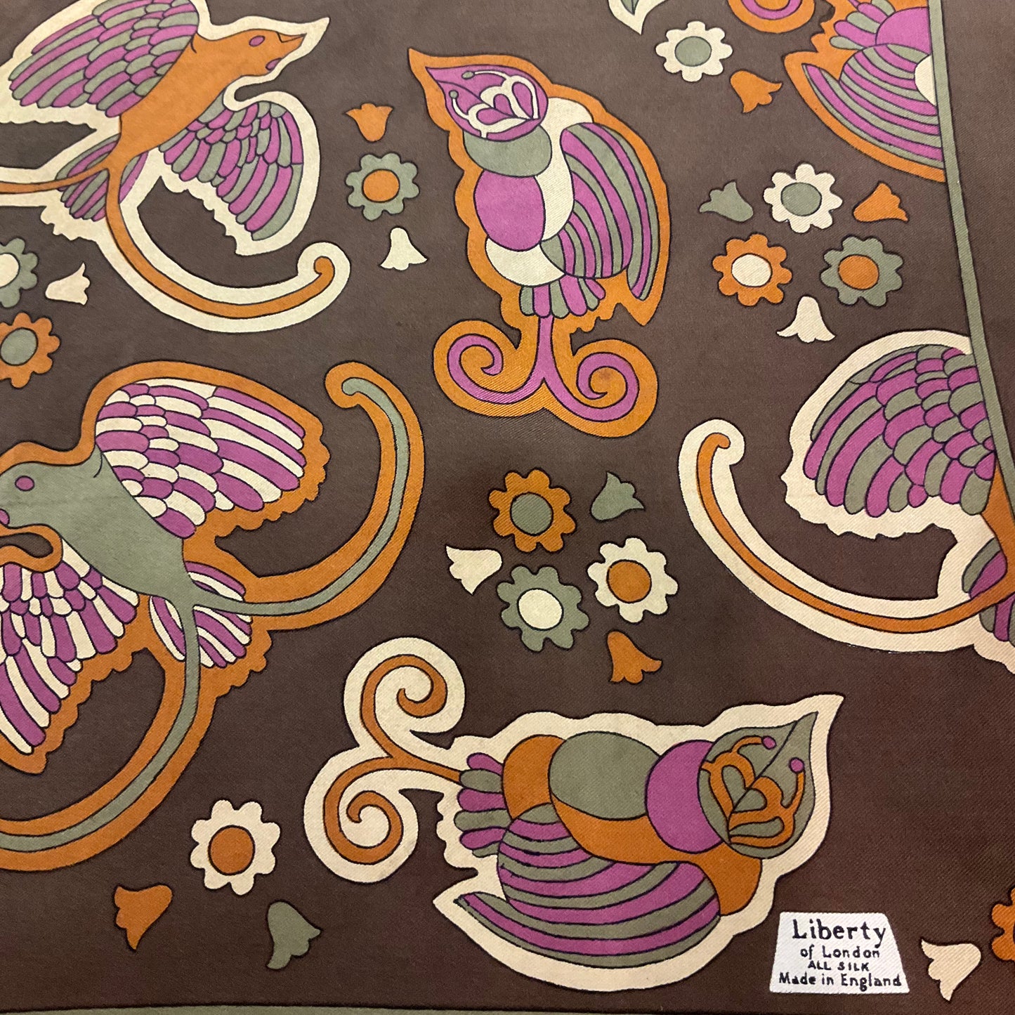 Vintage 1960s/70s Pure Silk Scarf, Birds and Floral Print, Made in England, Browns and Purples, Gifts for her