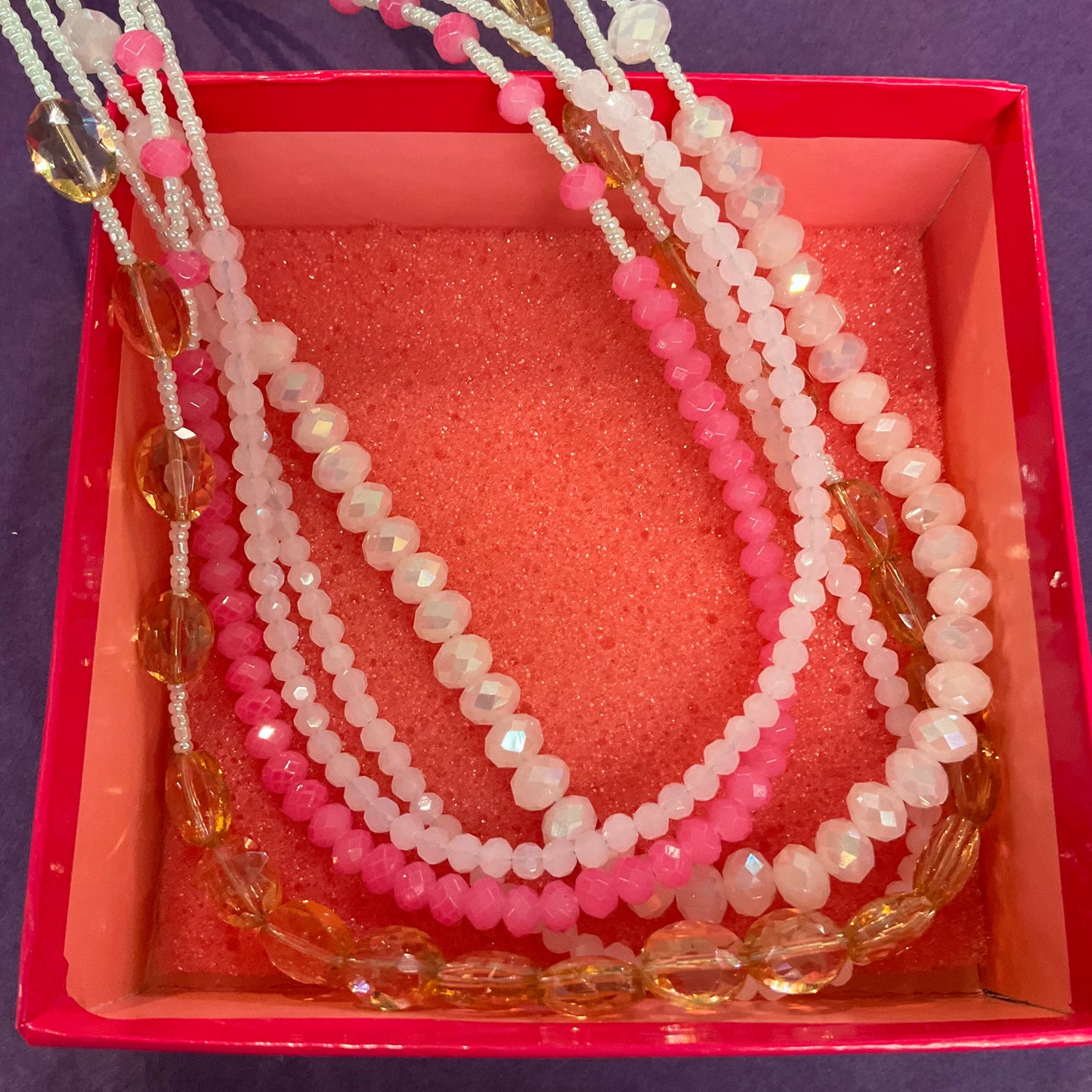 Vintage Butler and Wilson multi-strand pink crystal and ivory seed bead necklace, original box, signed, summer wedding, holiday, festival