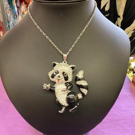 Vintage Quirky Butler and wilson oversized Rhinestone and enamel Raccoon pendant, signed. Gift for her