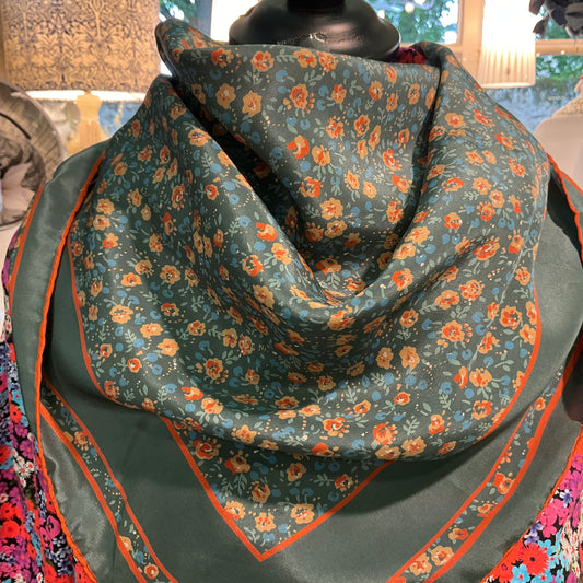 Vintage jaeger ditsy floral pure silk scarf, made in Italy, greens and terracotta