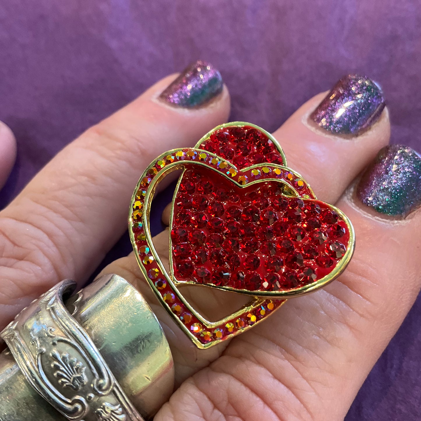 Vintage Butler and Wilson Statement Red Rhinestone Crystal Hearts Ring, Size O, signed in original box, birthday, prom, festival