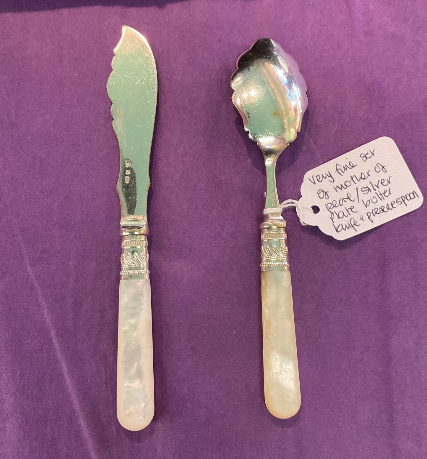 Vintage Silver plated Engraved Breakfast Set With Mother Of Pearl Handles.