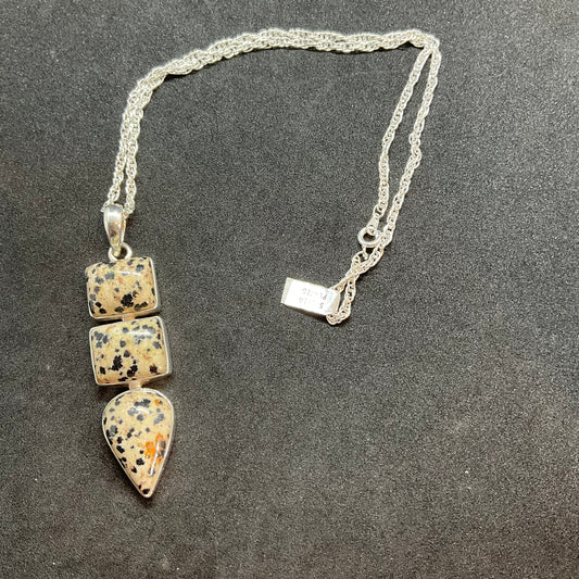 Vintage large Dalmatian jasper and 925 silver triple gemstone pendant, silver plated chain, crystal healing, birthday gift box.