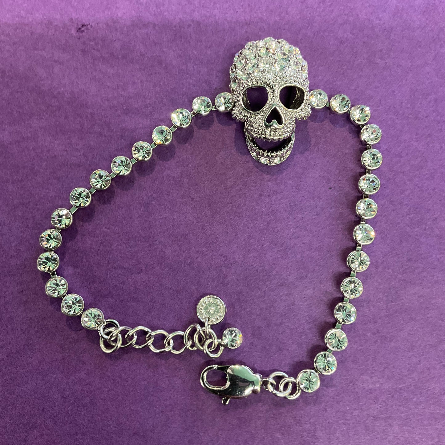 Vintage Butler and wilson Crystal skull silver rhinestone bracelet, signed