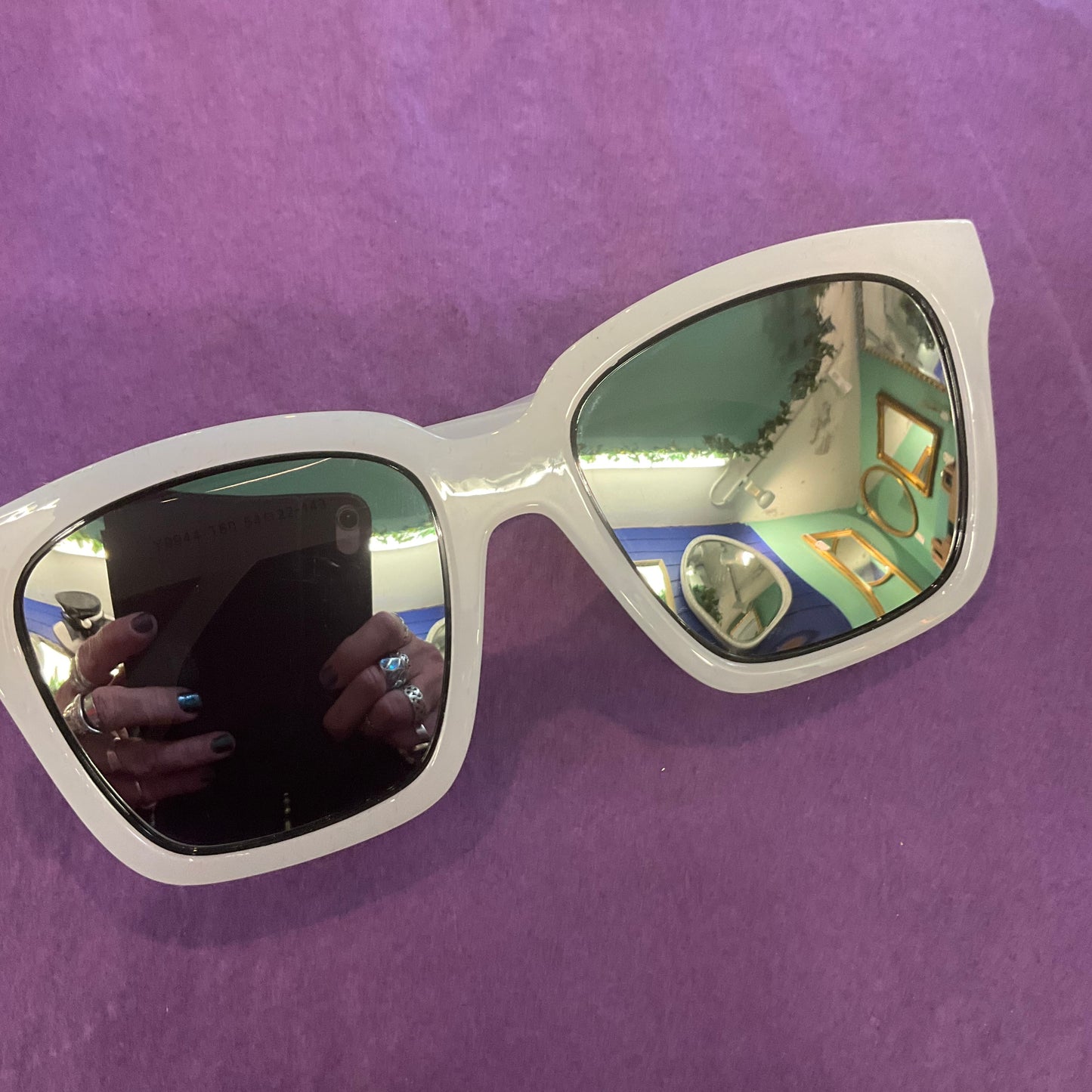 Vintage Butler and Wilson Crystal Eye Oversized Sunglasses, White Frames, Mirror Lenses, signed in original case, summer holiday, festival