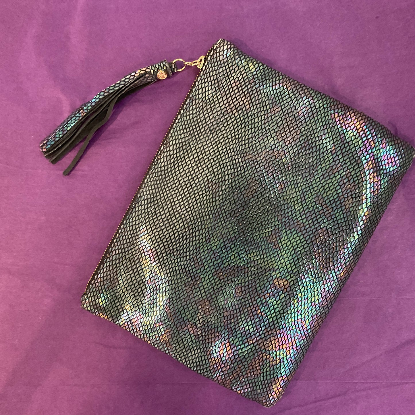 Vintage BIBA Faux leather snakeskin Rainbow borealis large clutch bag with tassel, wedding, formal event, ladies night.