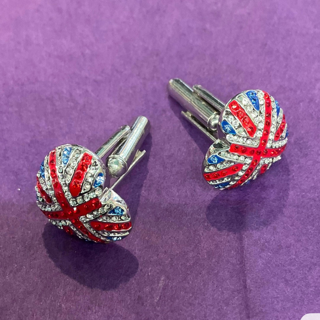Vintage Butler and Wilson British Union Jack Flag Heart Shaped Cufflinks, Signed in Original Box, Wedding Groom Gifts