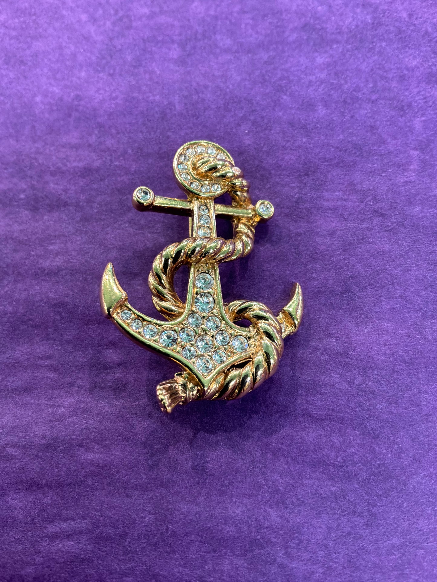 Vintage 1980s Atwood and Sawyer Crystal Anchor Brooch