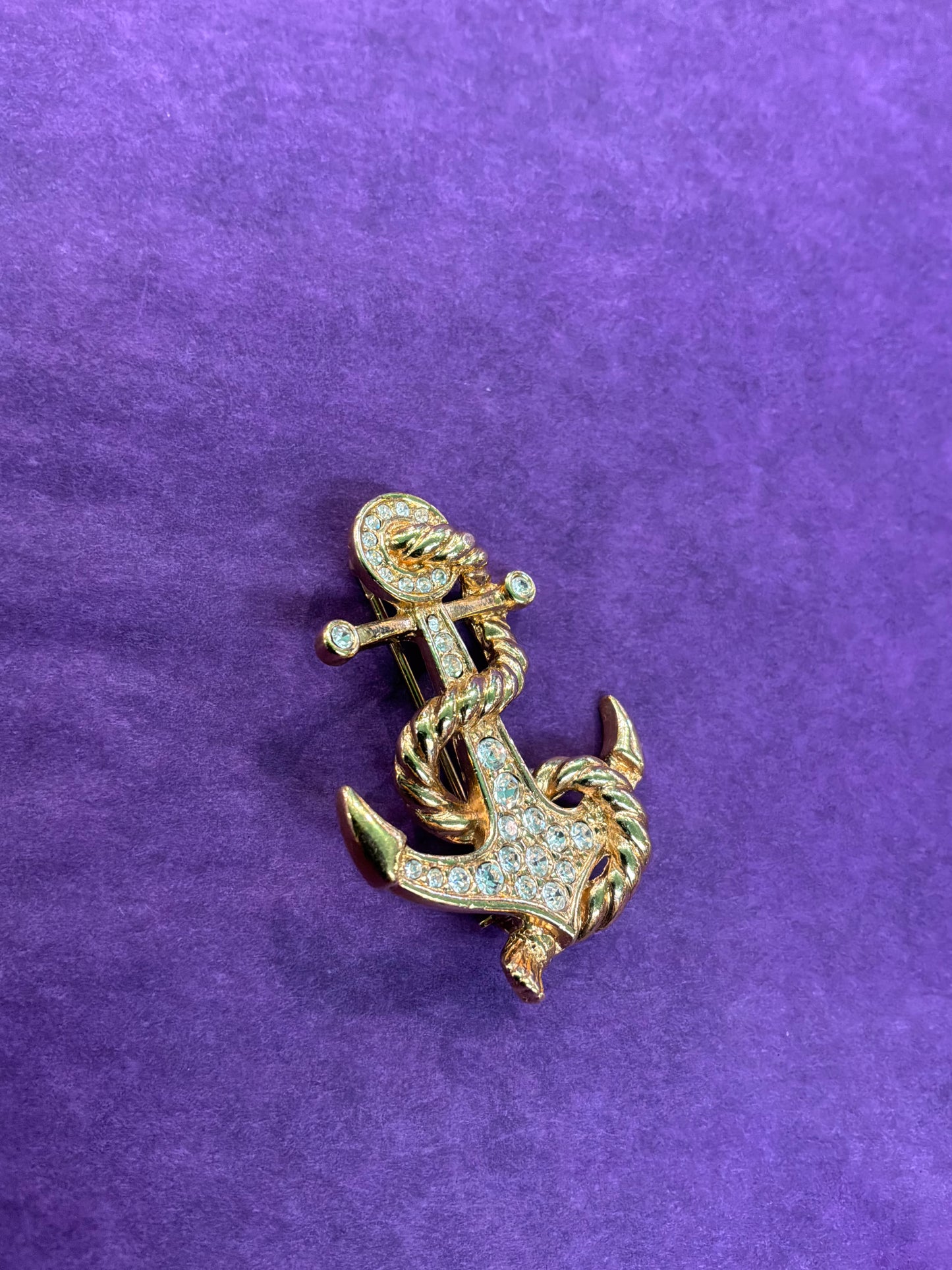 Vintage 1980s Atwood and Sawyer Crystal Anchor Brooch