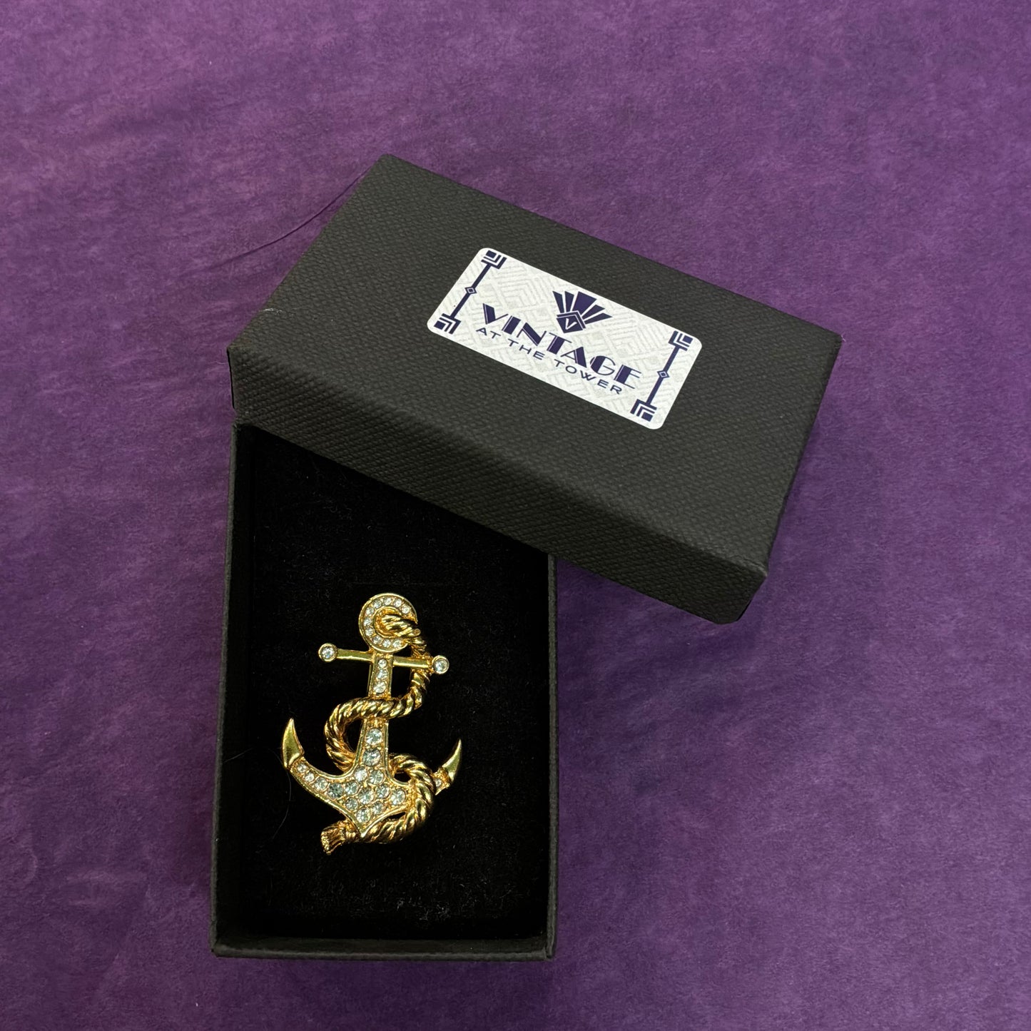 Vintage 1980s Atwood and Sawyer Crystal Anchor Brooch