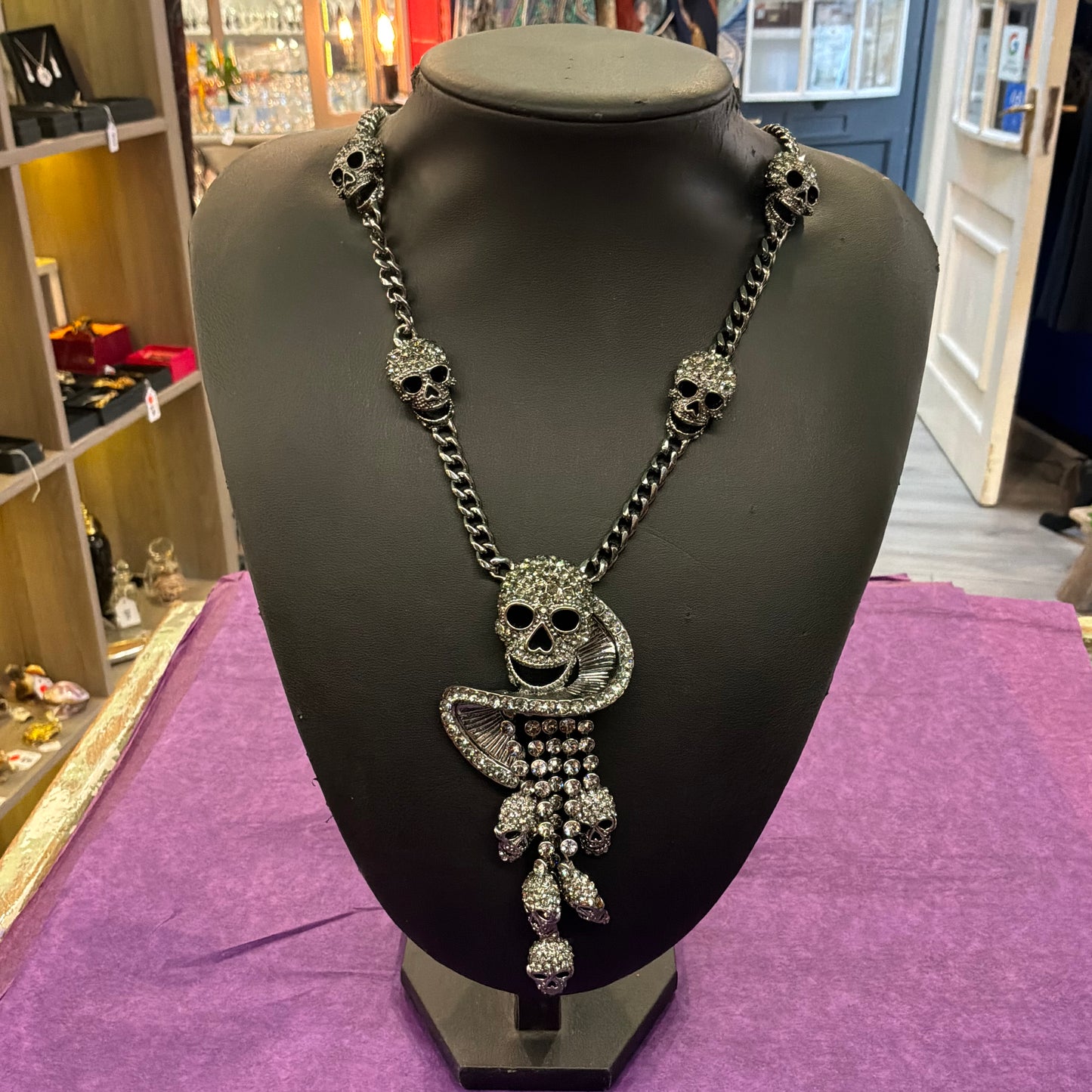 Vintage Butler and Wilson Pewter Tone Skull Waterfall Drop Statement Necklace