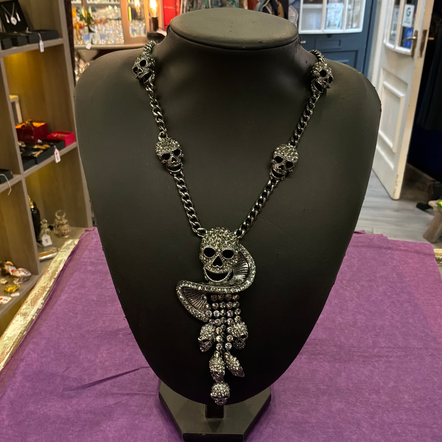 Vintage Butler and Wilson Pewter Tone Skull Waterfall Drop Statement Necklace