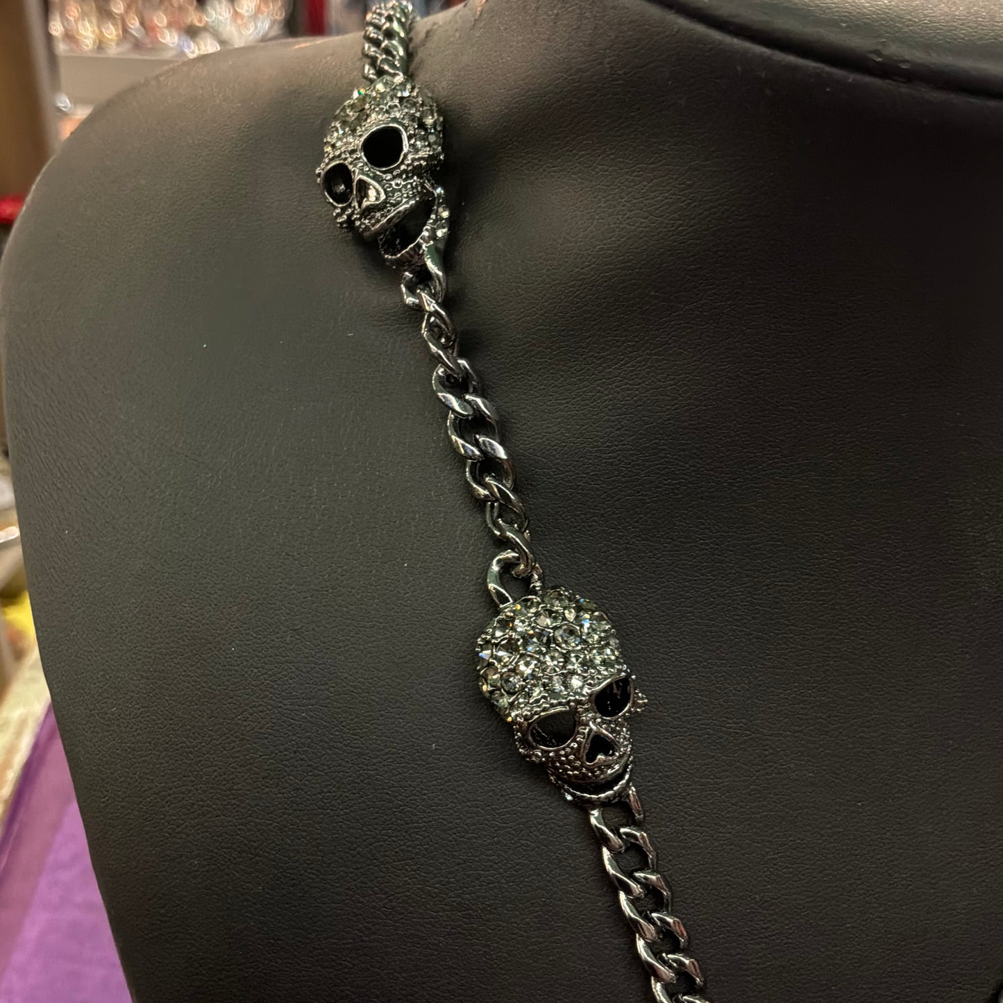 Vintage Butler and Wilson Pewter Tone Skull Waterfall Drop Statement Necklace