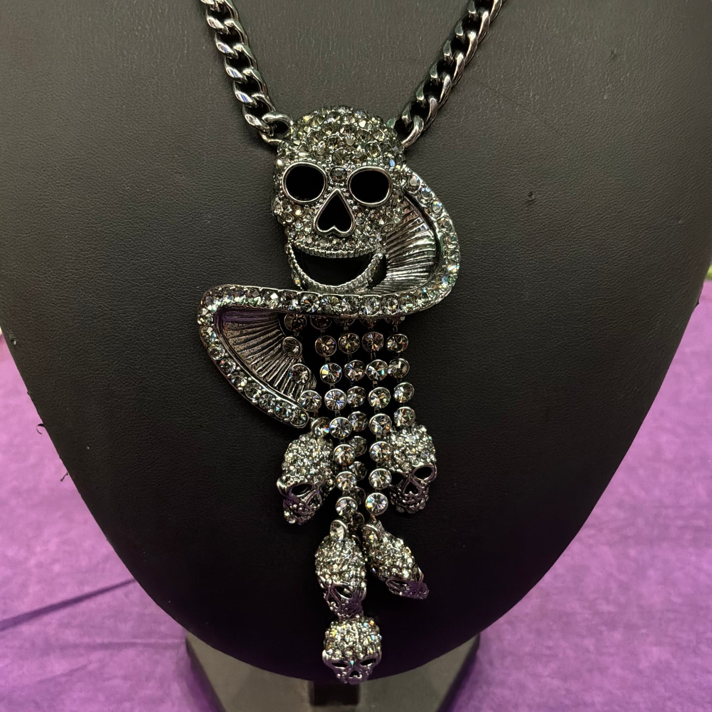 Vintage Butler and Wilson Pewter Tone Skull Waterfall Drop Statement Necklace