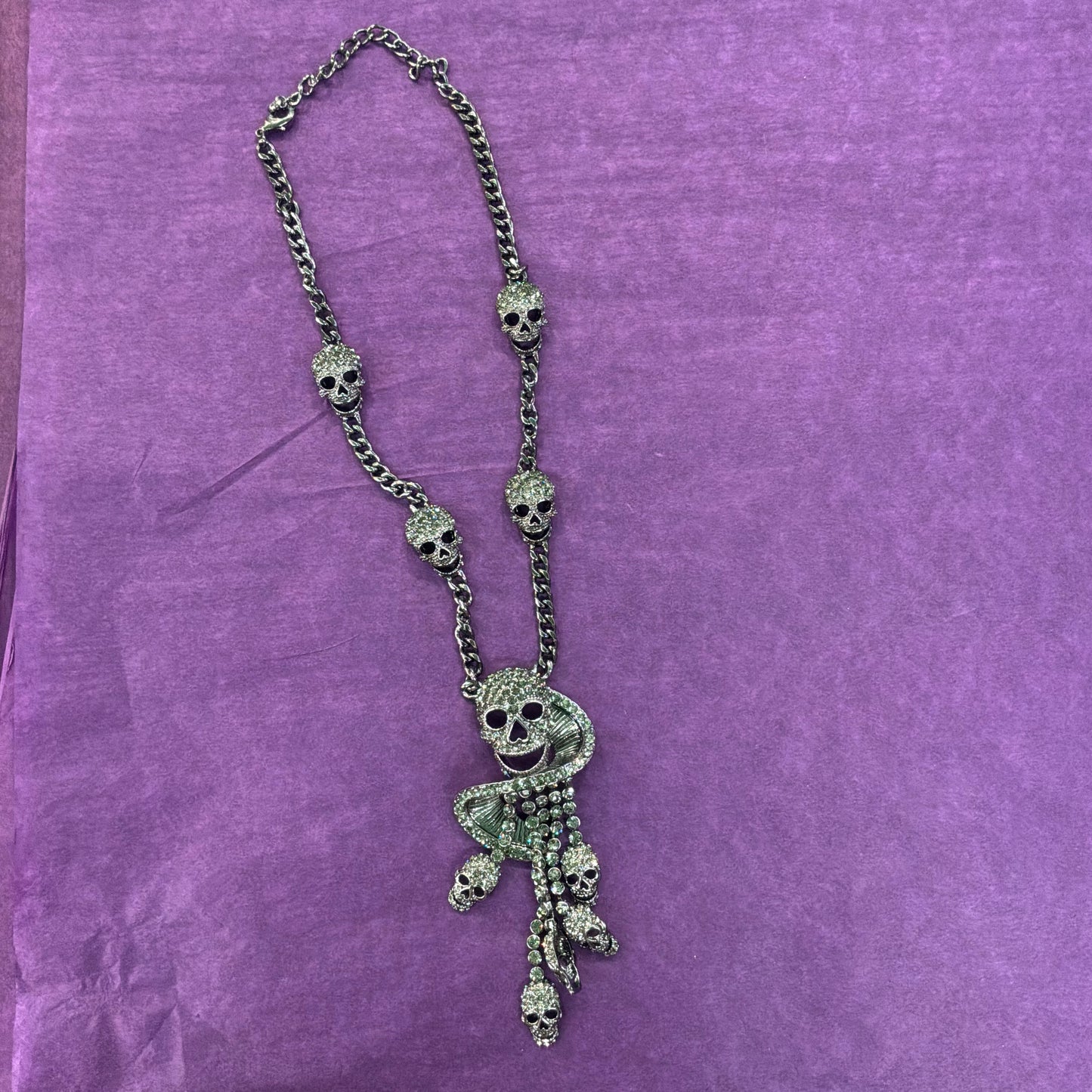 Vintage Butler and Wilson Pewter Tone Skull Waterfall Drop Statement Necklace