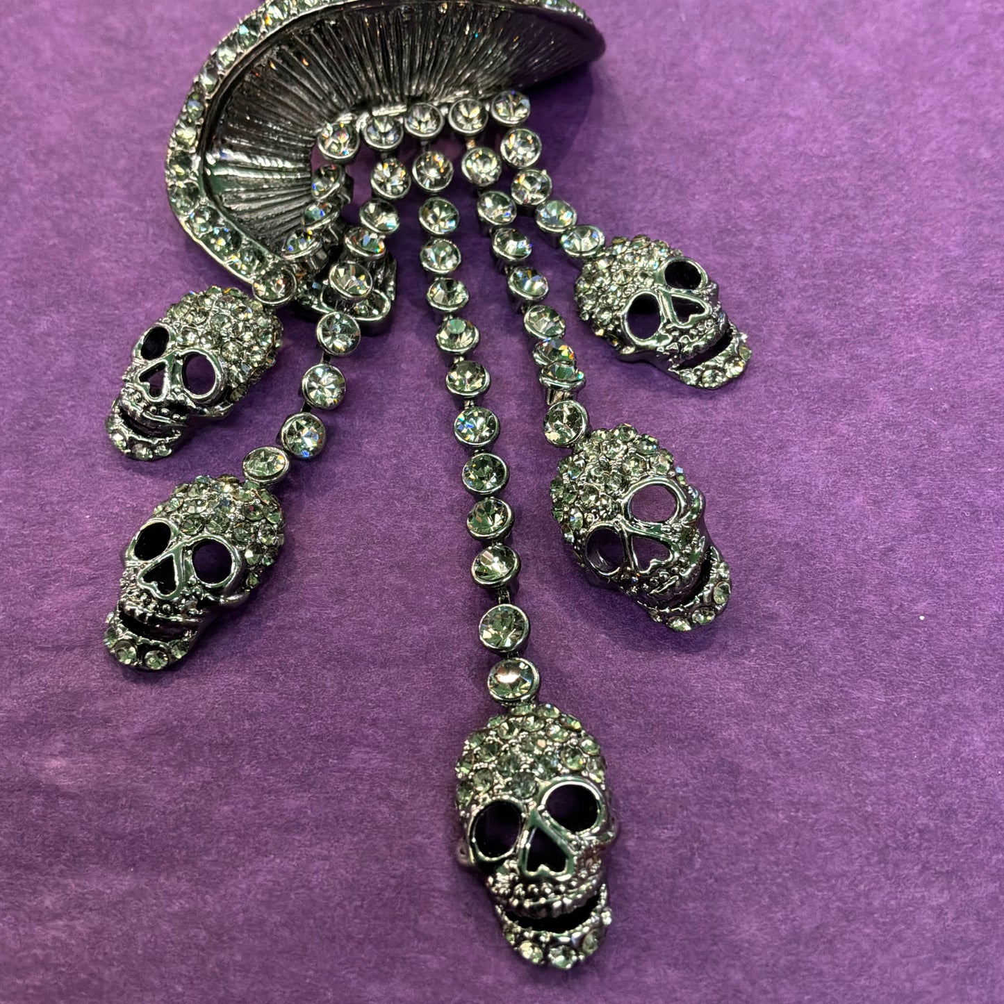 Vintage Butler and Wilson Pewter Tone Skull Waterfall Drop Statement Necklace