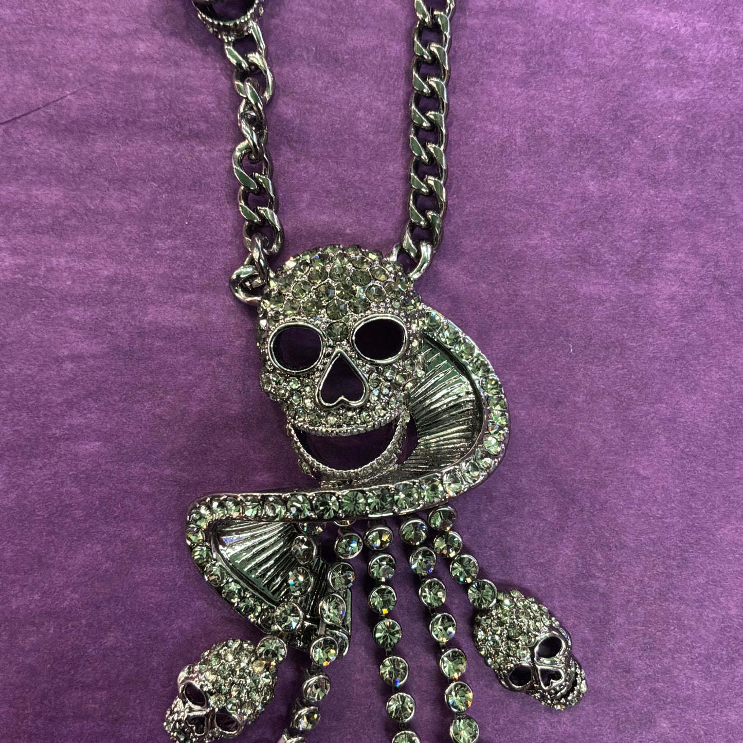 Vintage Butler and Wilson Pewter Tone Skull Waterfall Drop Statement Necklace