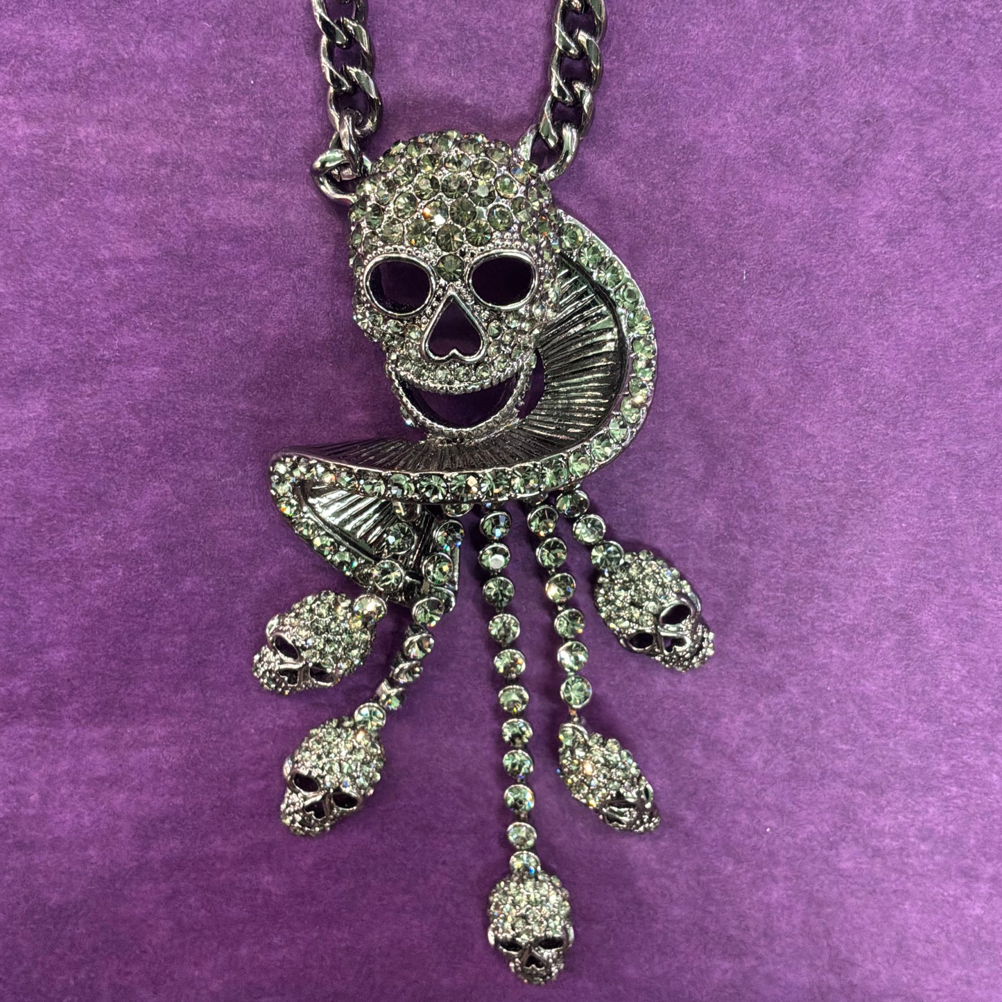 Vintage Butler and Wilson Pewter Tone Skull Waterfall Drop Statement Necklace