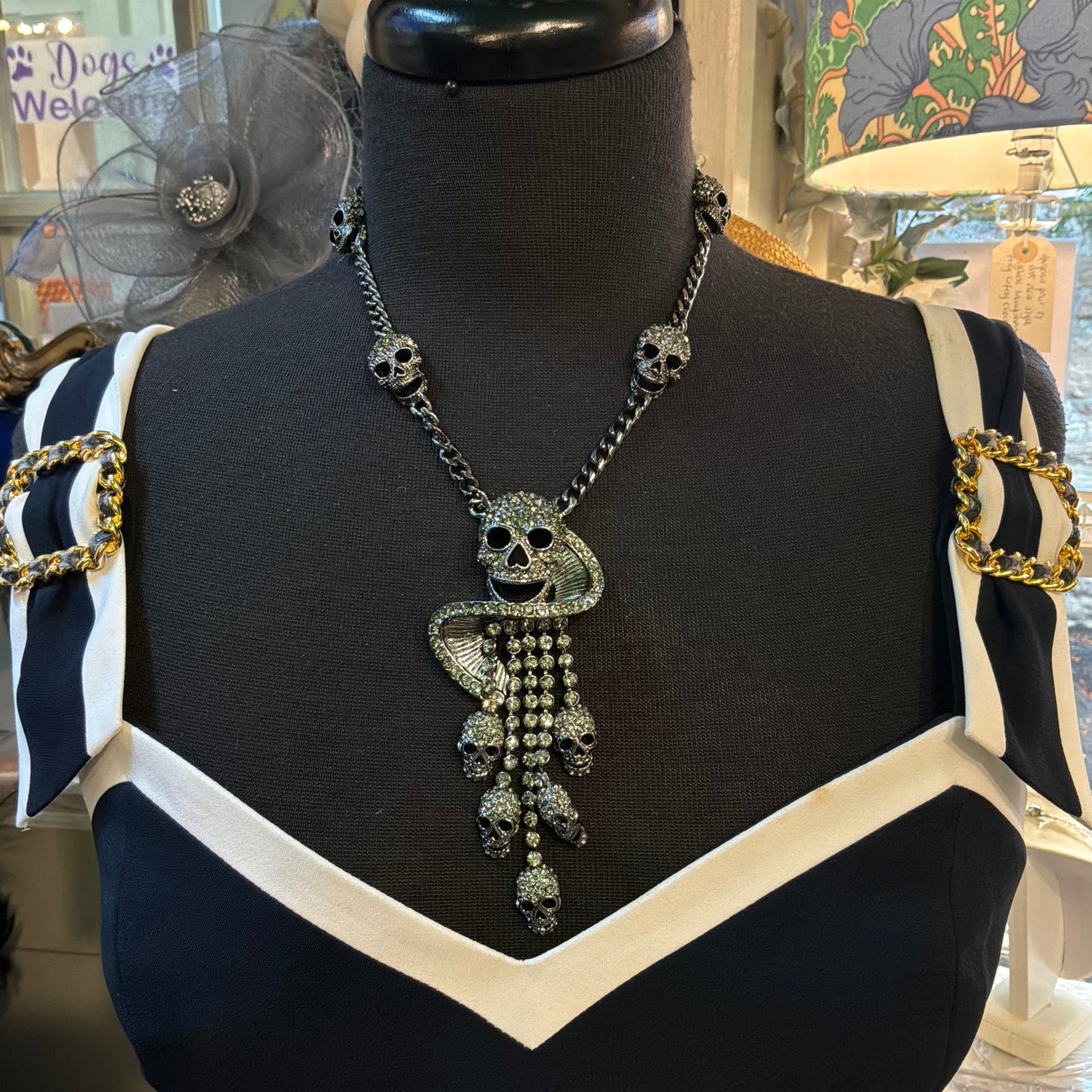 Vintage Butler and Wilson Pewter Tone Skull Waterfall Drop Statement Necklace