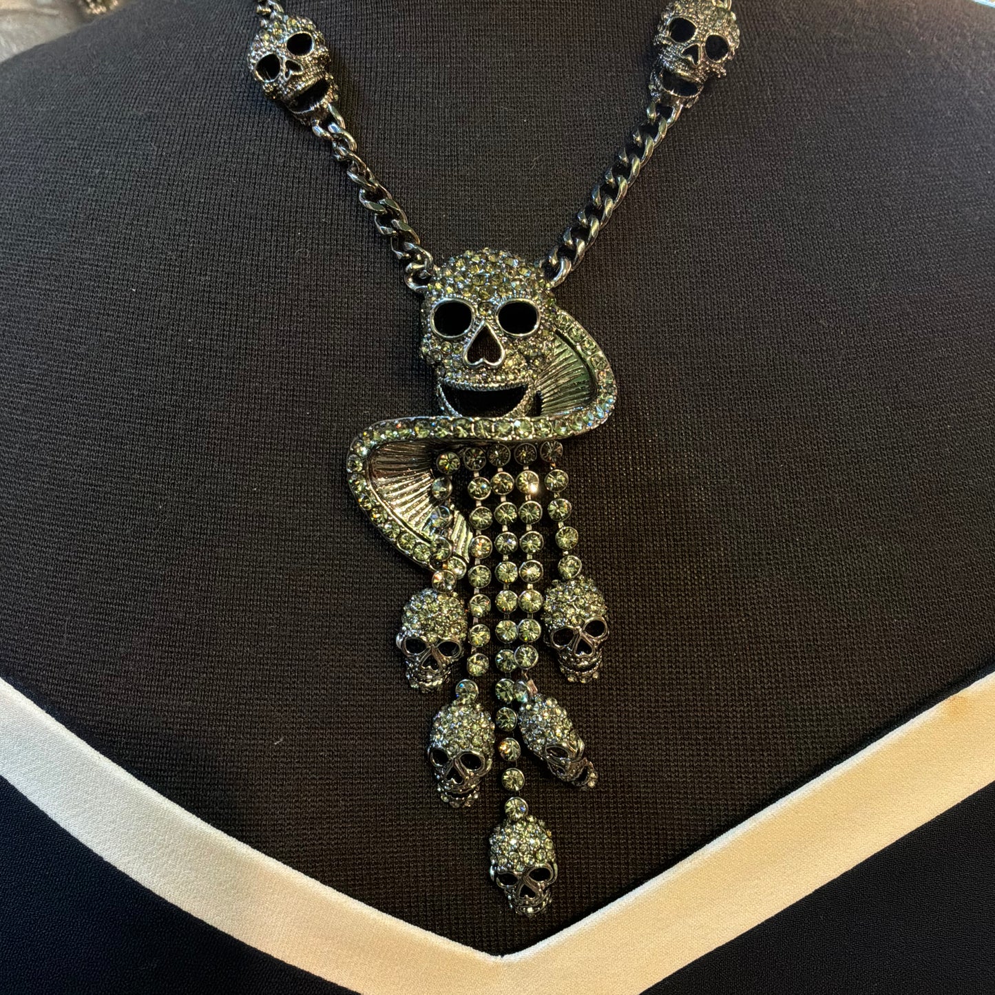 Vintage Butler and Wilson Pewter Tone Skull Waterfall Drop Statement Necklace