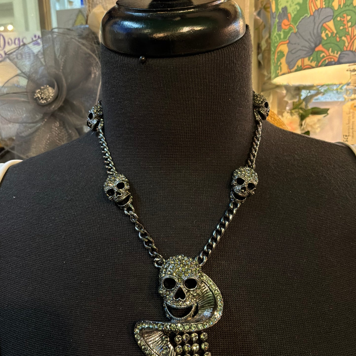 Vintage Butler and Wilson Pewter Tone Skull Waterfall Drop Statement Necklace